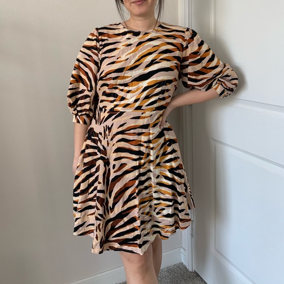 a new day Dresses & Skirts - a new day Beige, Black & Mustard Zebra-Print Puff-Sleeve Dress